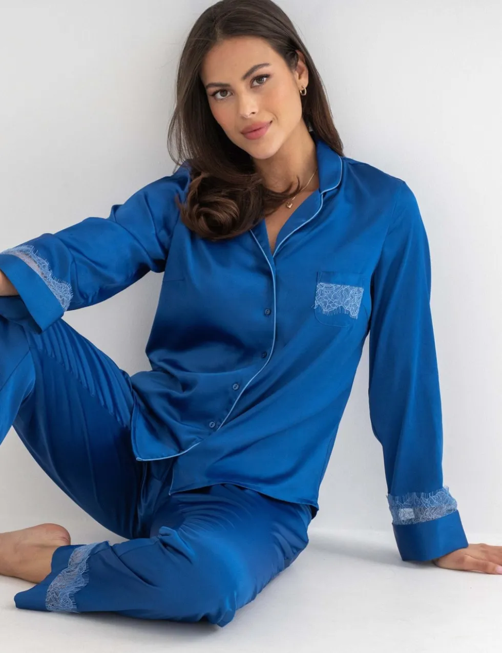 Dusk Satin and Lace Revere Collar Pyjama Set