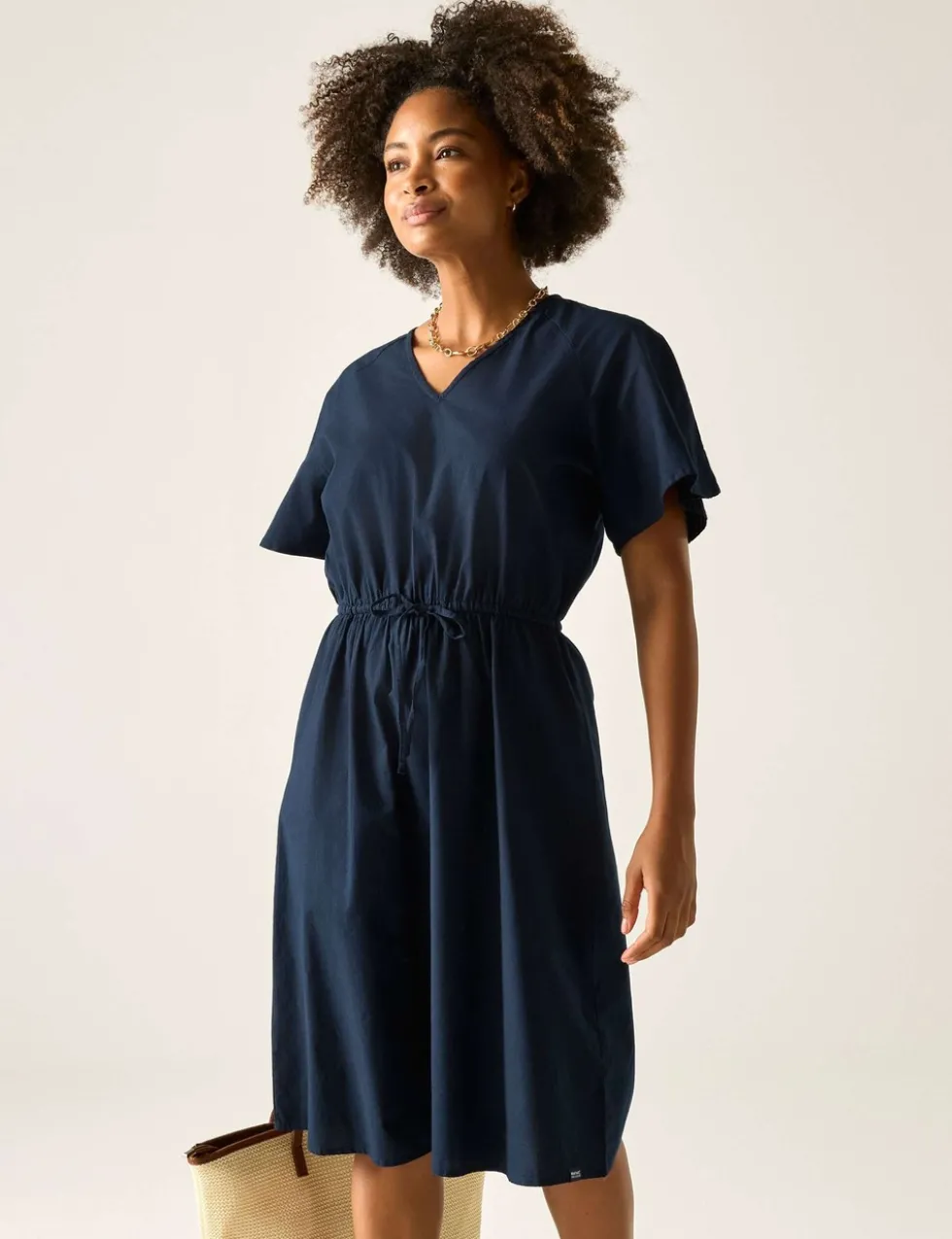 Elona Pure Cotton V-Neck Midi Waisted Dress