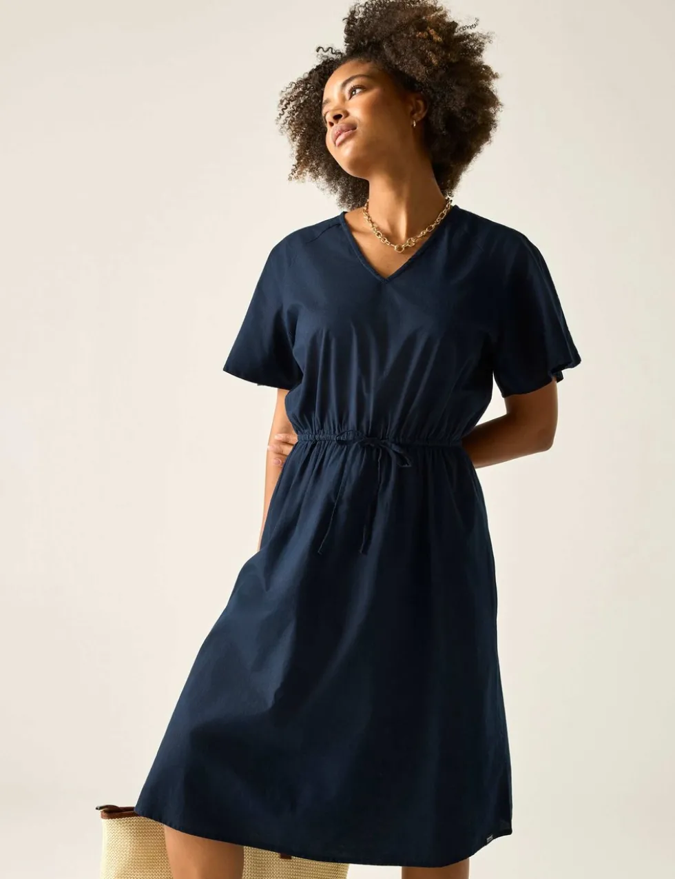 Elona Pure Cotton V-Neck Midi Waisted Dress