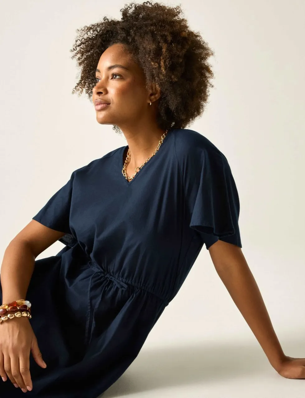 Elona Pure Cotton V-Neck Midi Waisted Dress