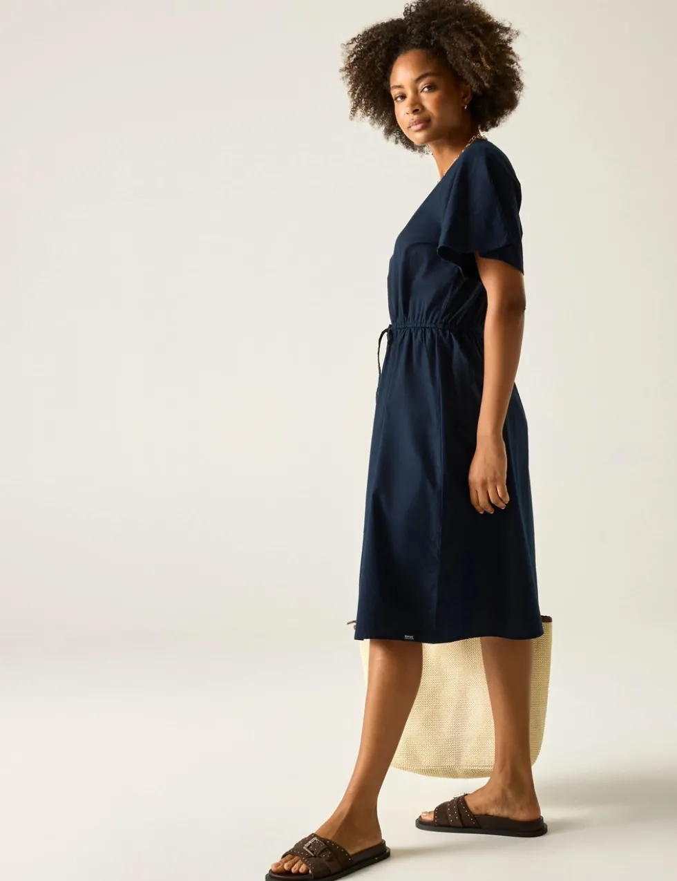 Elona Pure Cotton V-Neck Midi Waisted Dress