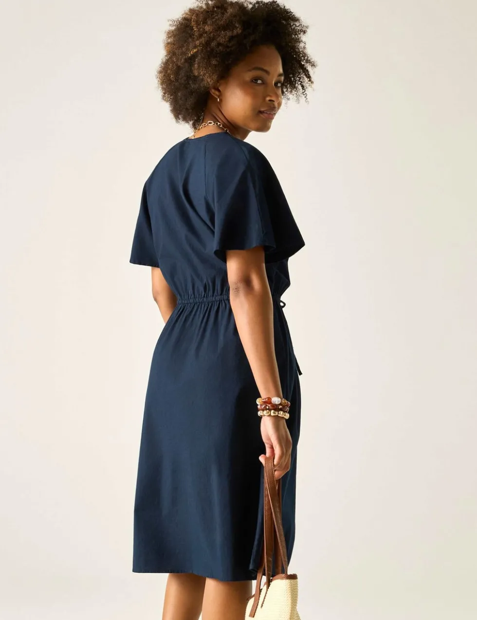 Elona Pure Cotton V-Neck Midi Waisted Dress