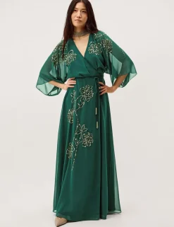 Embellished V-Neck Midi Wrap Dress