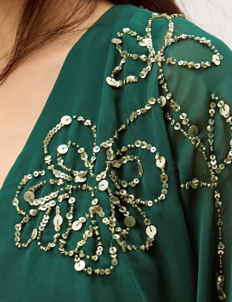 Embellished V-Neck Midi Wrap Dress