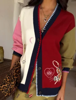 Embroidered Colour Block Relaxed Cardigan