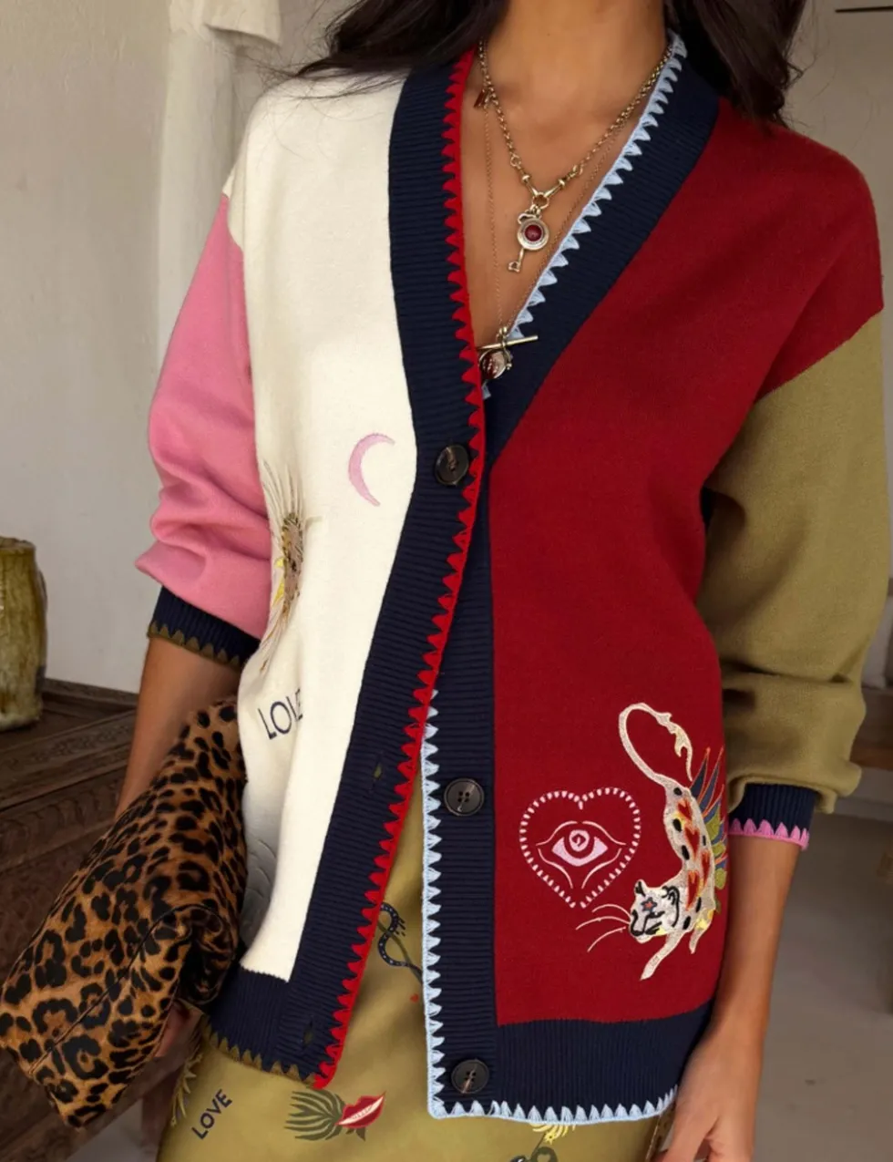 Embroidered Colour Block Relaxed Cardigan