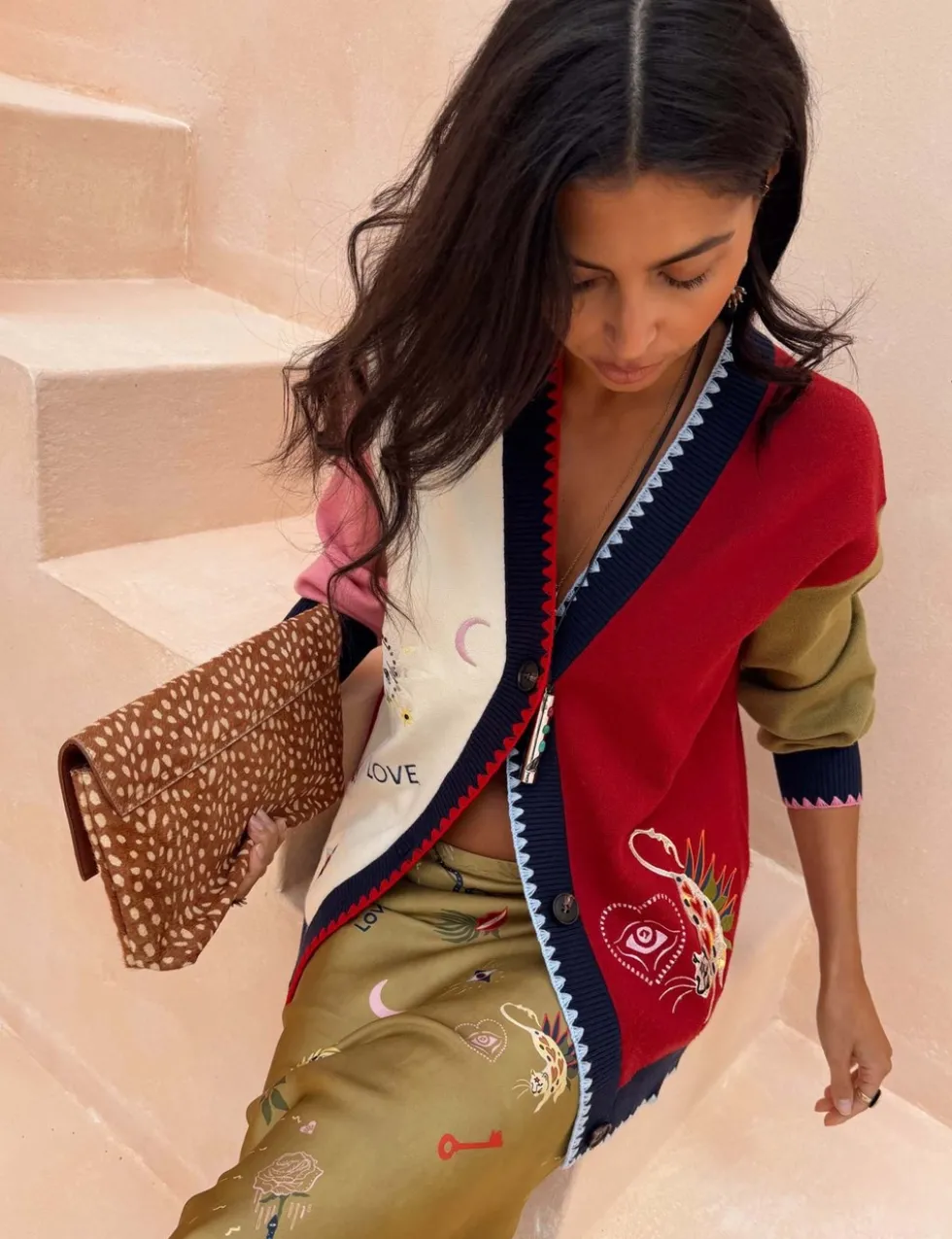 Embroidered Colour Block Relaxed Cardigan