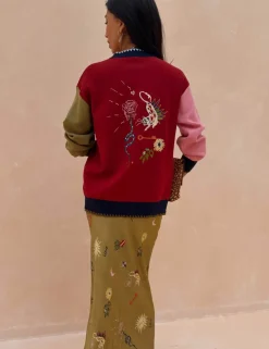 Embroidered Colour Block Relaxed Cardigan