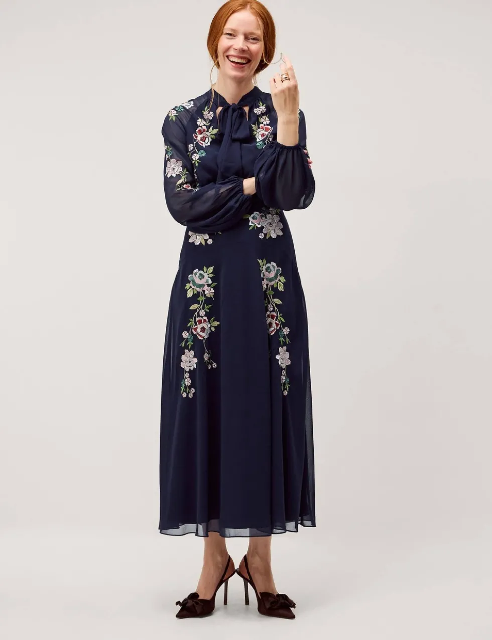 Embroidered High Neck Midi Tea Dress