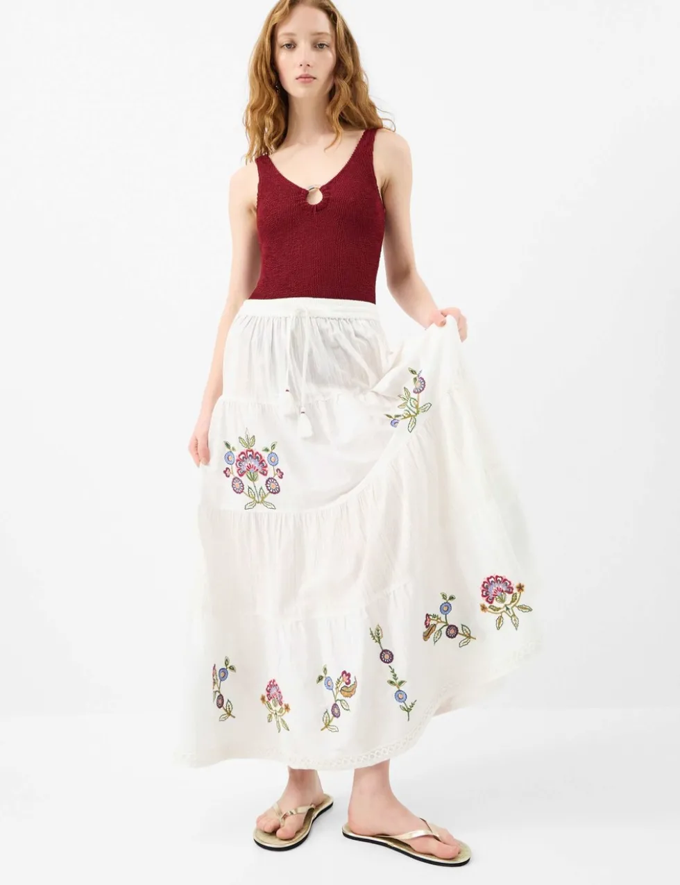 Embroidered Maxi Tiered Beach Skirt