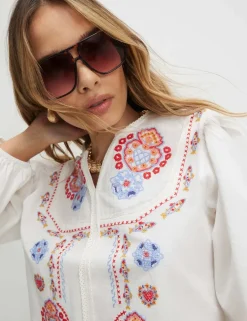 Embroidered Notch Neck Relaxed Blouse