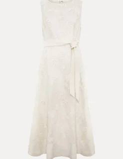 Embroidered Slash Neck Midi Waisted Dress