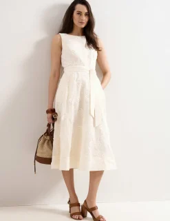 Embroidered Slash Neck Midi Waisted Dress