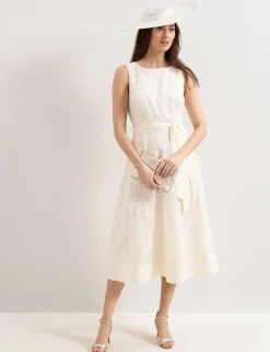 Embroidered Slash Neck Midi Waisted Dress