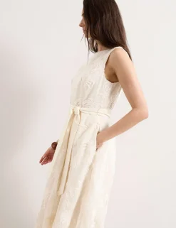 Embroidered Slash Neck Midi Waisted Dress