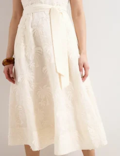 Embroidered Slash Neck Midi Waisted Dress