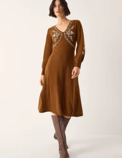 Embroidered V-Neck Knitted Midi Skater Dress