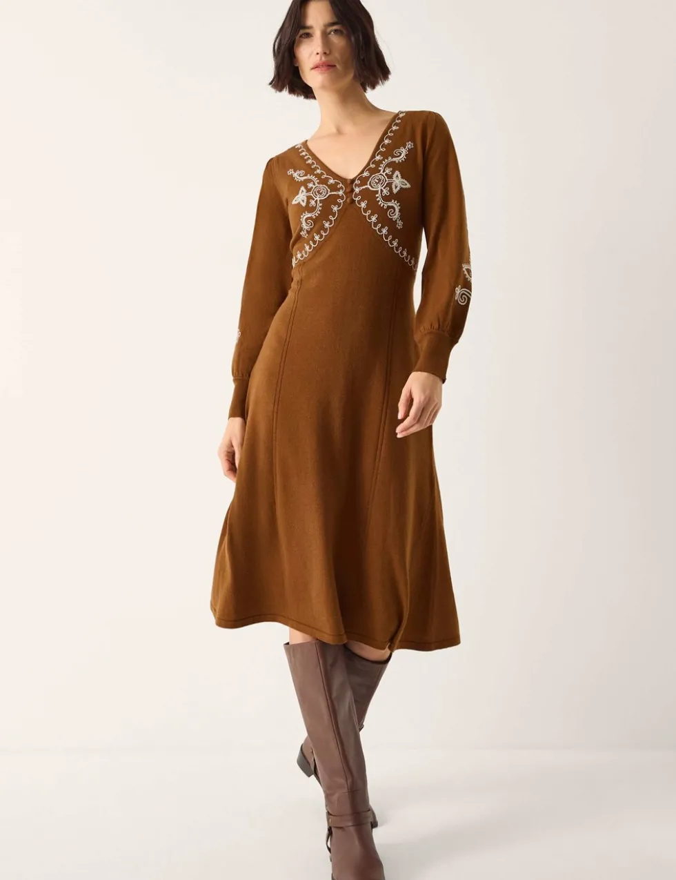 Embroidered V-Neck Knitted Midi Skater Dress