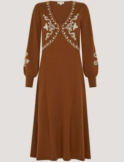 Embroidered V-Neck Knitted Midi Skater Dress
