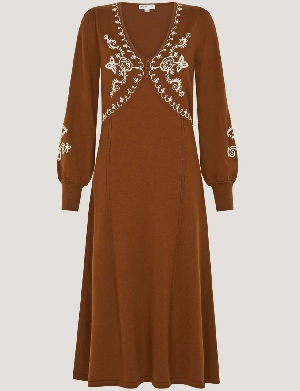 Embroidered V-Neck Knitted Midi Skater Dress