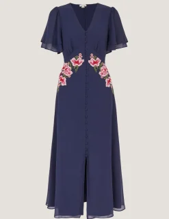 Embroidered V-Neck Midi Tea Dress