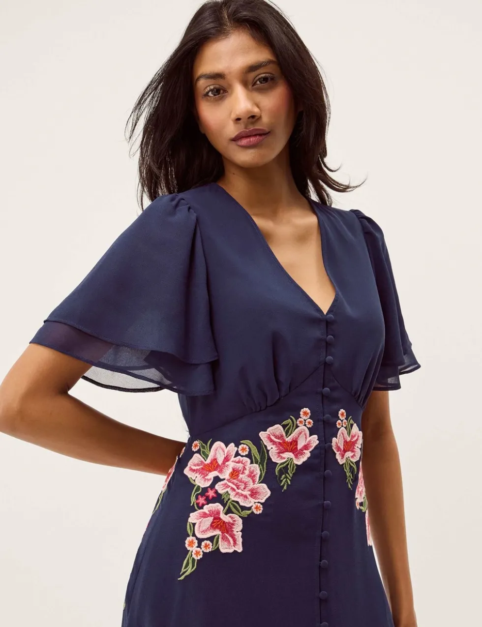 Embroidered V-Neck Midi Tea Dress