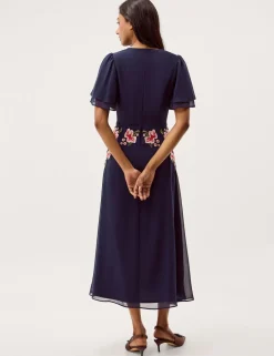 Embroidered V-Neck Midi Tea Dress