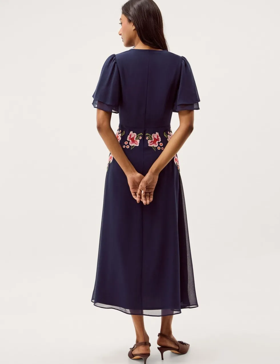 Embroidered V-Neck Midi Tea Dress