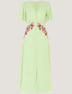 Embroidered V-Neck Midi Tea Dress