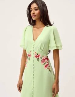 Embroidered V-Neck Midi Tea Dress