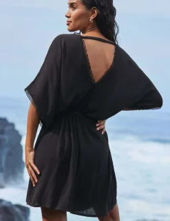 Embroidered V-Neck Tie Waist Mini Kaftan