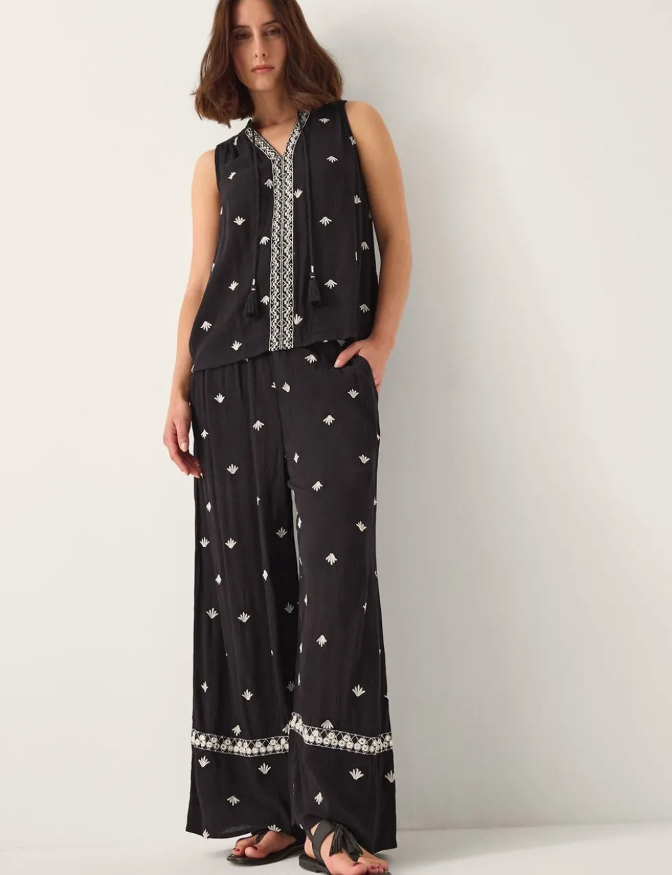 Embroidered Wide Leg Trousers