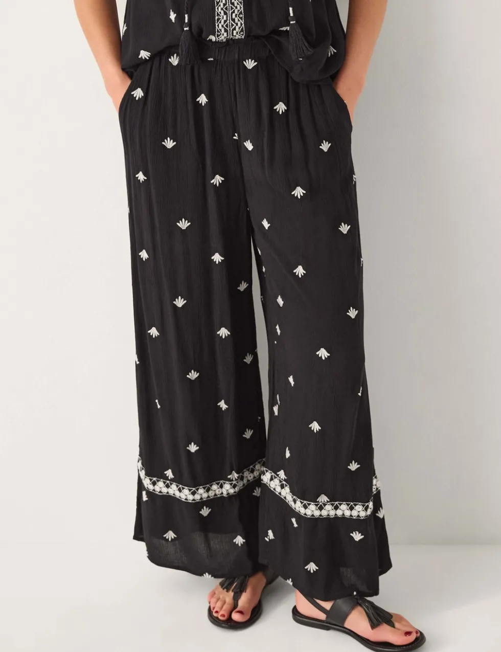 Embroidered Wide Leg Trousers