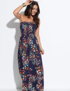 Emma Floral Shirred Strappy Maxi Beach Dress