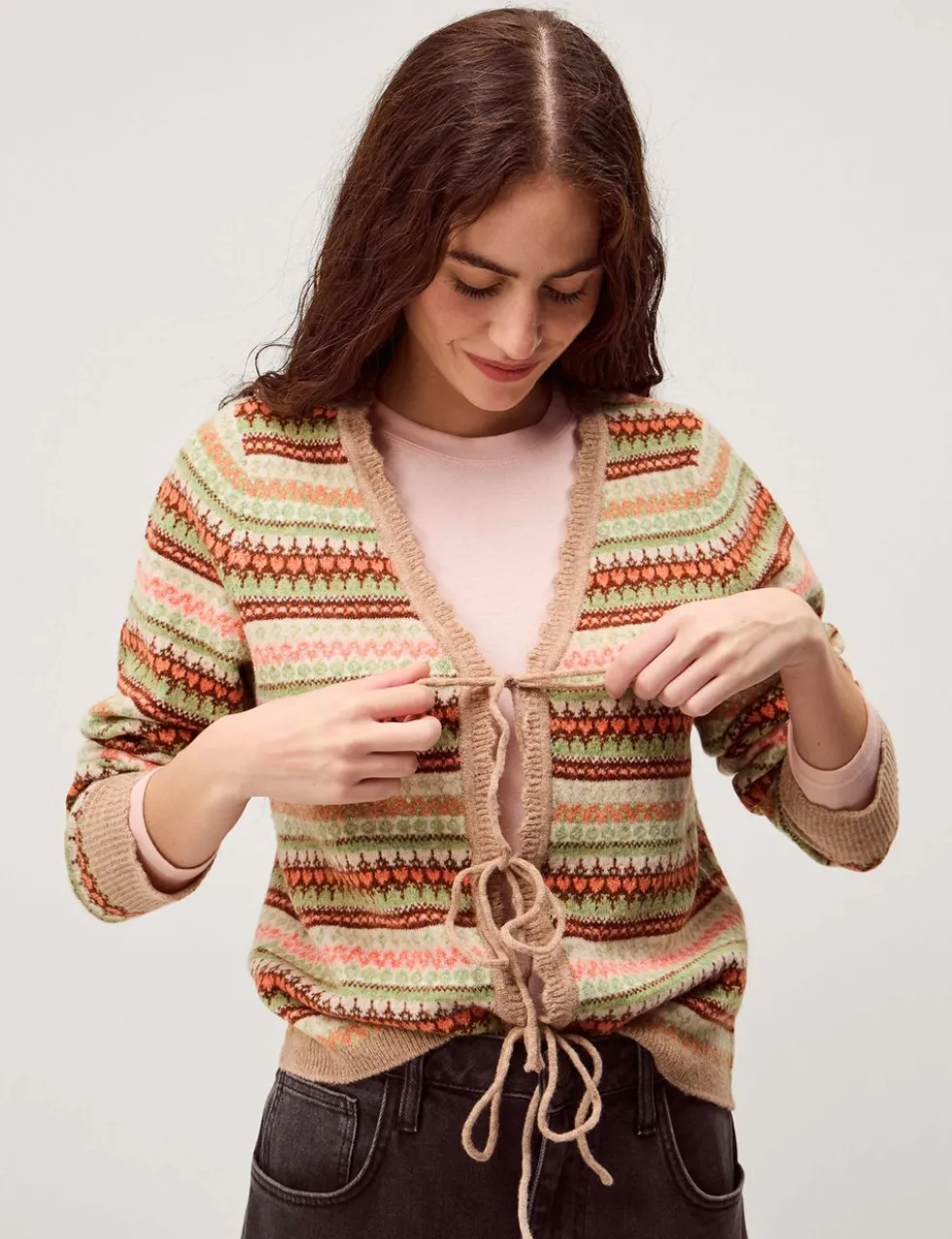 Fair Isle V-Neck Tie Front Cardigan