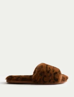 Faux Fur Leopard Print Open Toe Mule Slippers