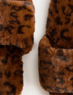 Faux Fur Leopard Print Open Toe Mule Slippers