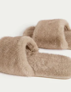 Faux Fur Open Toe Slippers