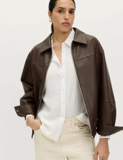 Faux Leather Aged Collared Bomber Jacket