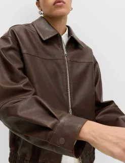 Faux Leather Aged Collared Bomber Jacket