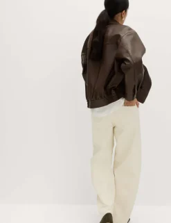 Faux Leather Aged Collared Bomber Jacket