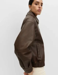 Faux Leather Aged Collared Bomber Jacket
