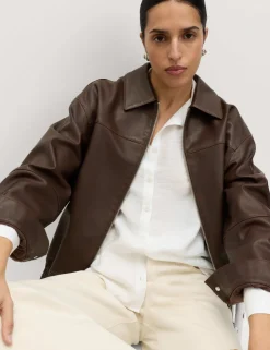 Faux Leather Aged Collared Bomber Jacket