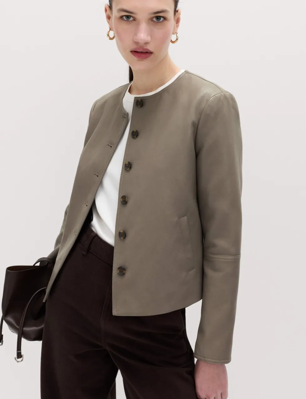 Faux Leather Collarless Jacket