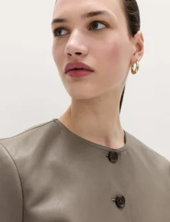 Faux Leather Collarless Jacket