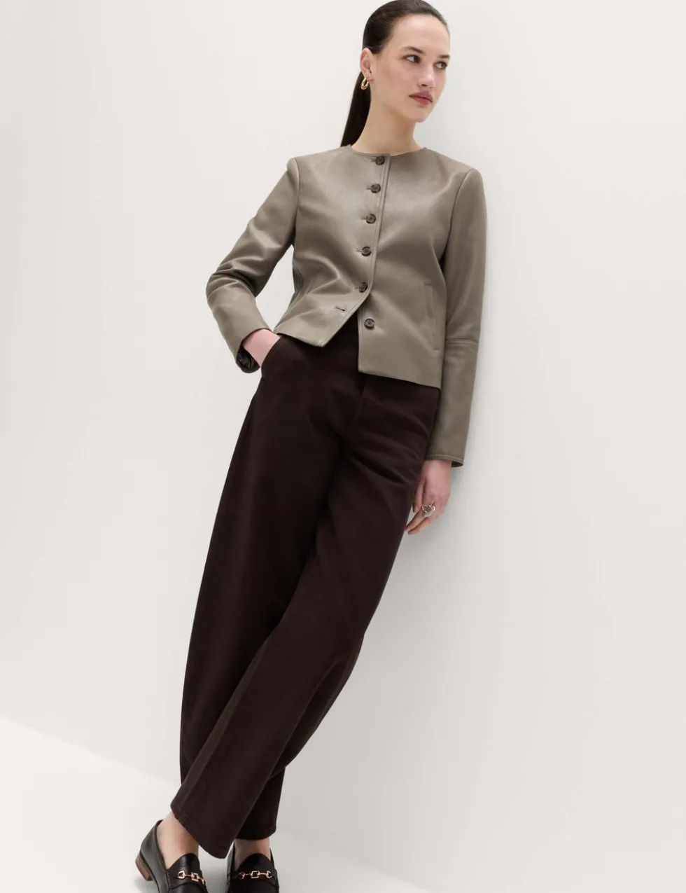 Faux Leather Collarless Jacket