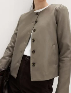 Faux Leather Collarless Jacket