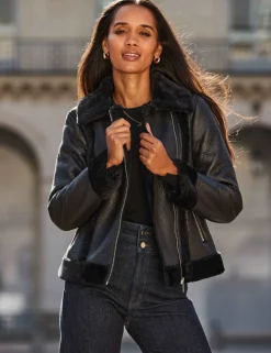 Faux Shearling Cropped Aviator Jacket