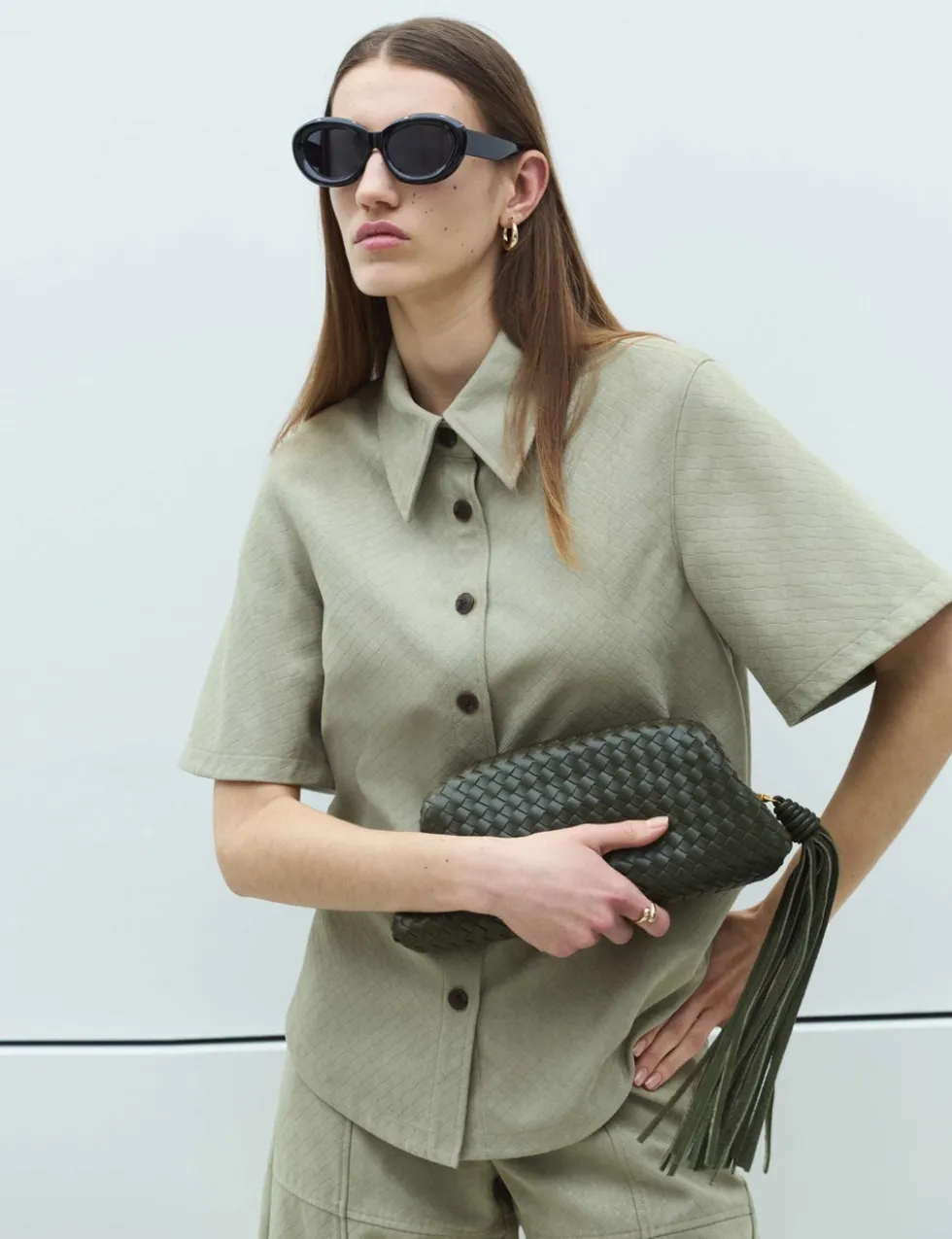 Faux Suede Basket Weave Collared Shirt