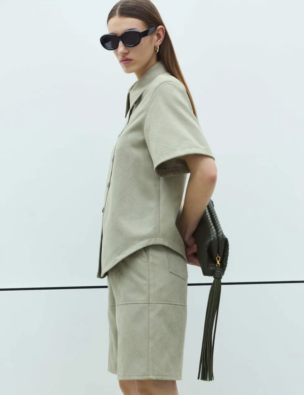 Faux Suede Basket Weave Collared Shirt